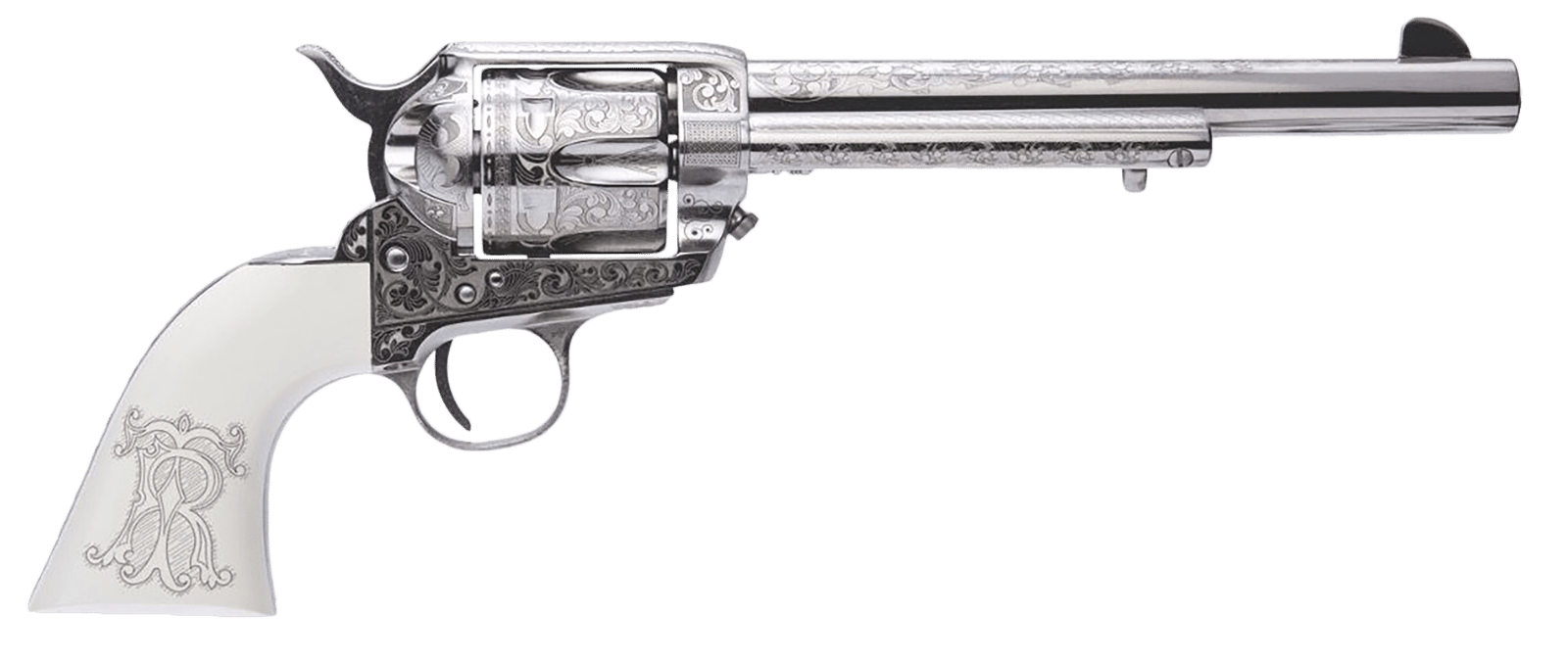Cimarron PP415LNTRII Teddy Roosevelt Frontier 45 Colt (LC) 6 Shot 7.50" Nickel-Plated Engraved Barrel, Cylinder & Frame, White w/Laser Engraved "T.R." Grip