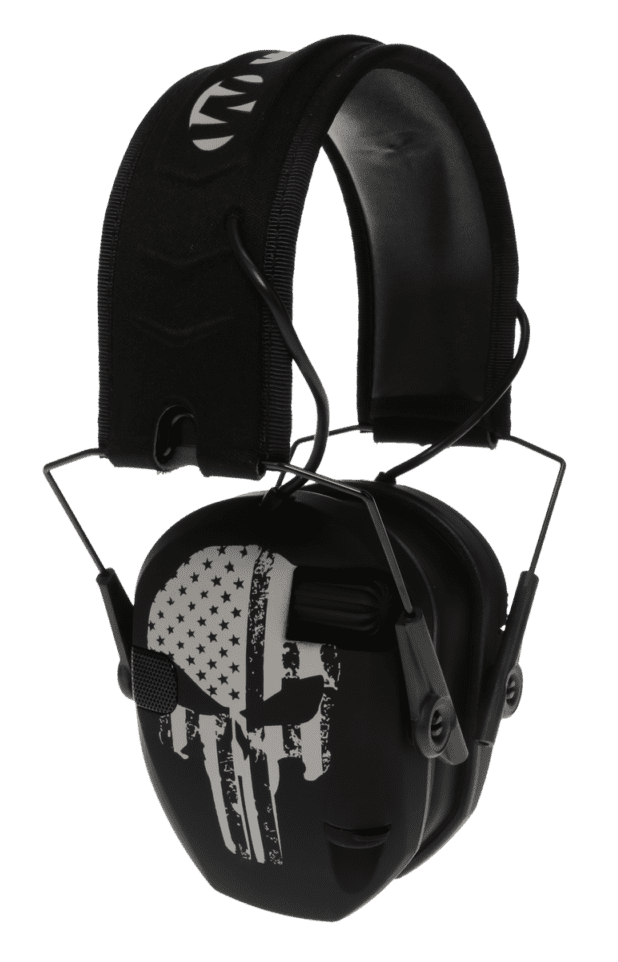 Walker's WPRSEMFSPUN Razor Slim Electronic Freedom Muff 23 dB Over the Head Black w/Distressed Punisher Flag Polymer