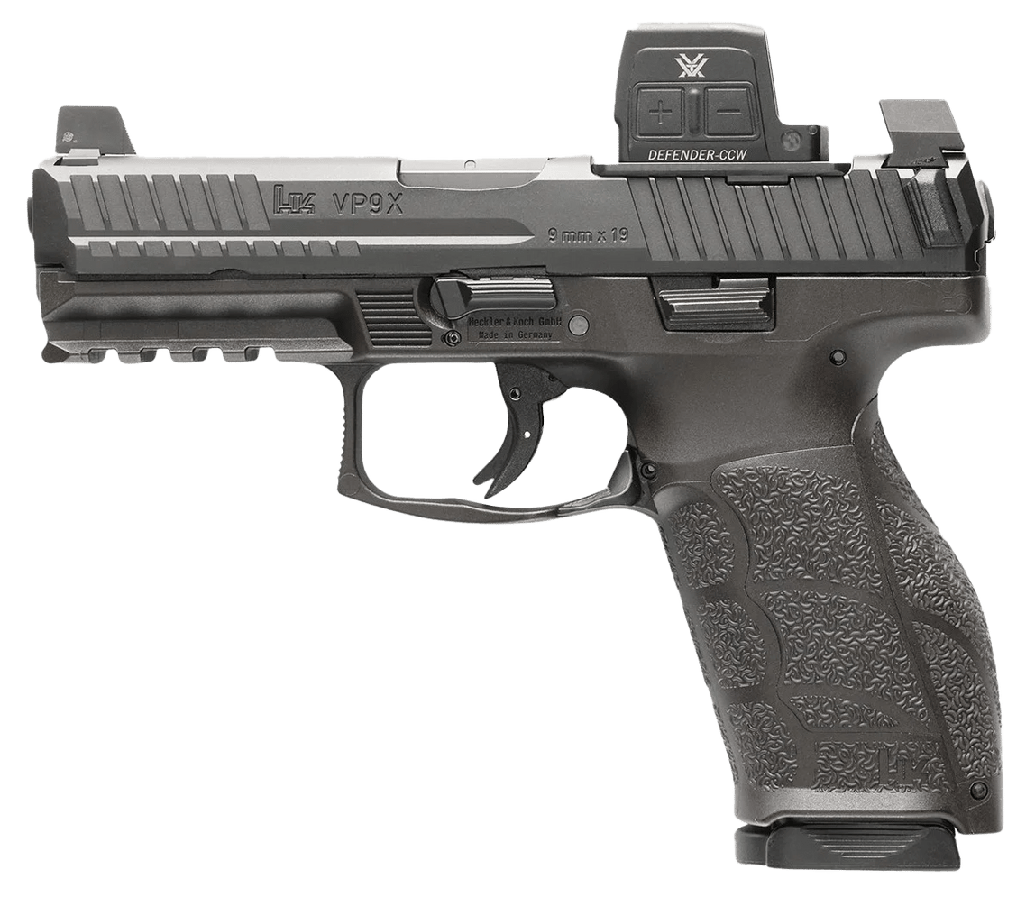 HK 81001356 VP9A1 X w/Optic Full Size Frame 9mm Luger 10+1 4.09" Black Barrel, Black Steel Serrated w/Optic Slide, Black Polymer Frame w/Picatinny Rail, Textured Grip, Vortex CCW