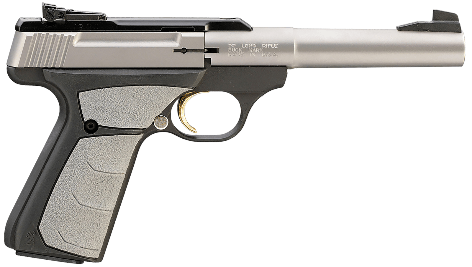 Browning 051483490 Buck Mark Camper *CA Compliant 22 LR 10+1 5.50" Tapered Bull Barrel, Matte Stainless Serrated SS Slide, Matte Black Aluminum Frame & Gray Overmolded Grips