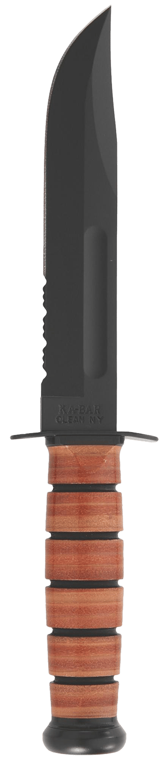 Ka-Bar 1218 USMC Fight/Utility 7" Fixed Clip Point Part Serrated Black 1095 Cro-Van Blade. Brown Leather Handle. Includes Sheath