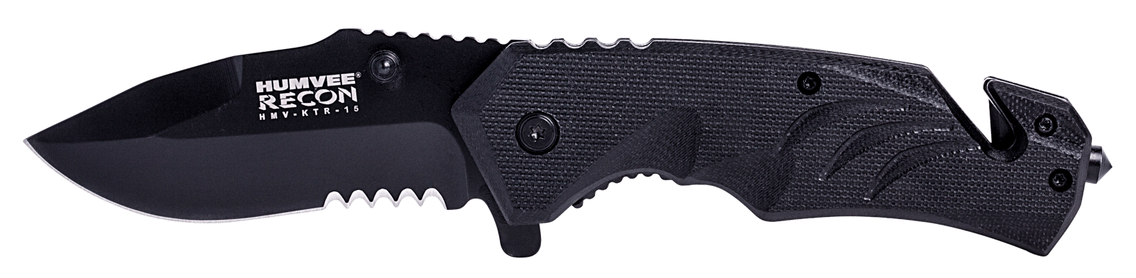 Humvee Adventure Gear HMVKTR15 Tactical Recon  3" Folding Drop Point Part Serrated Black Stainless Steel Blade/Black Textured Features Glass Breaker/Seat Belt Cutter Includes Pocket Clip