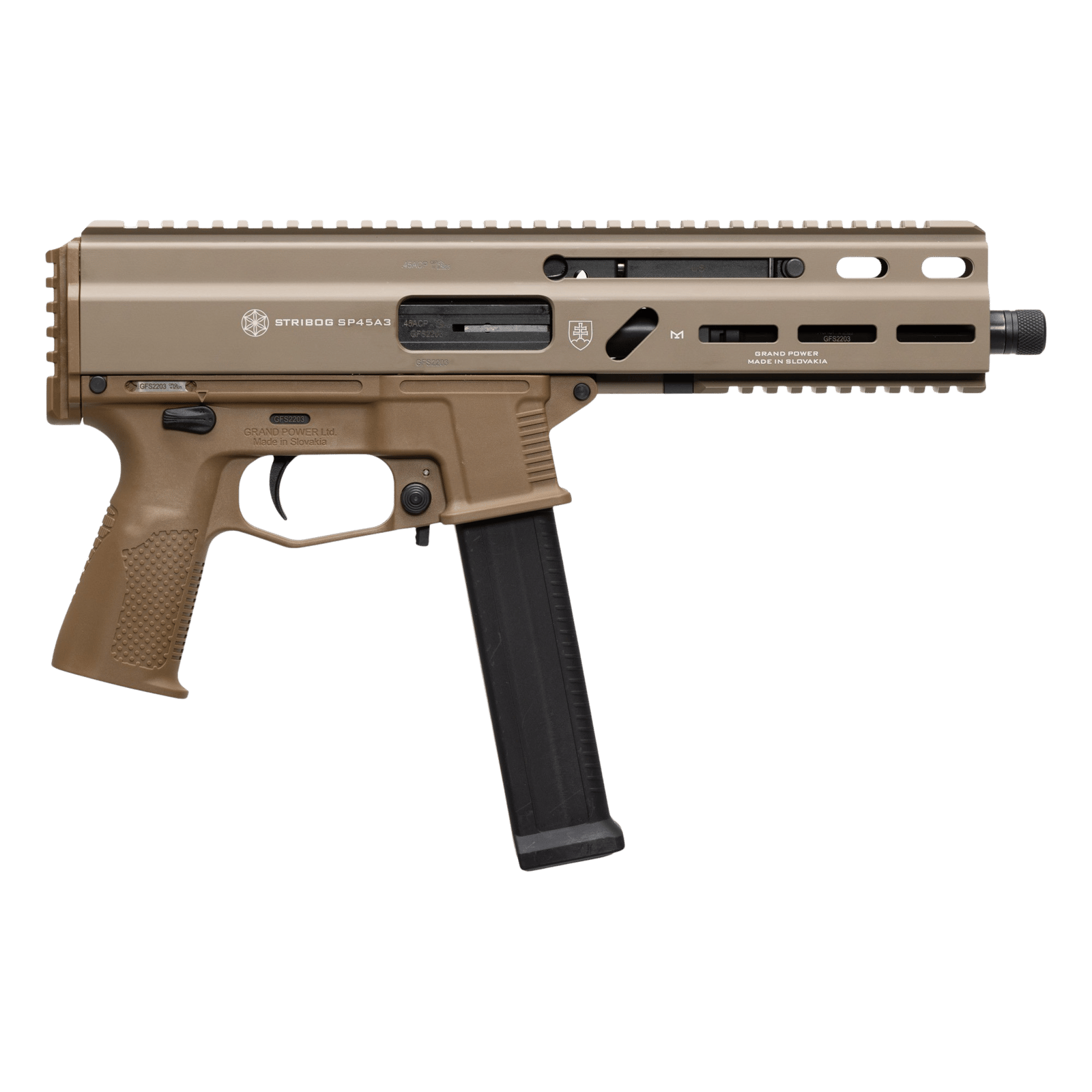 Grand Power 197892004794 SP45A3 Stribog 45 ACP 20+1 8" Black Threaded Barrel, Flat Dark Earth Cerakote Aluminum/Polymer Receiver w/Picatinny Rail, QD Sling Sockets, FDE Polymer Grip, Ambidextrous