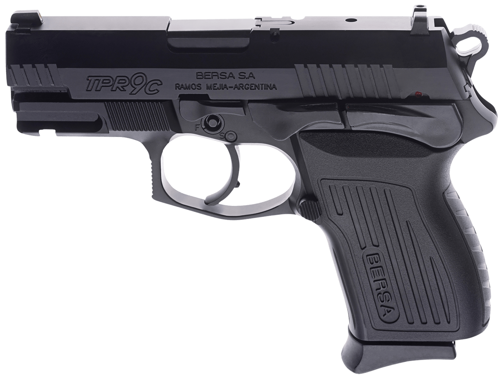 Bersa TPR9CM TPRC  Compact Frame 9mm Luger 13+1, 3.25" Black Manual Barrel, Matte Black Serrated Steel Slide & Aluminum Frame, Ambidextrous