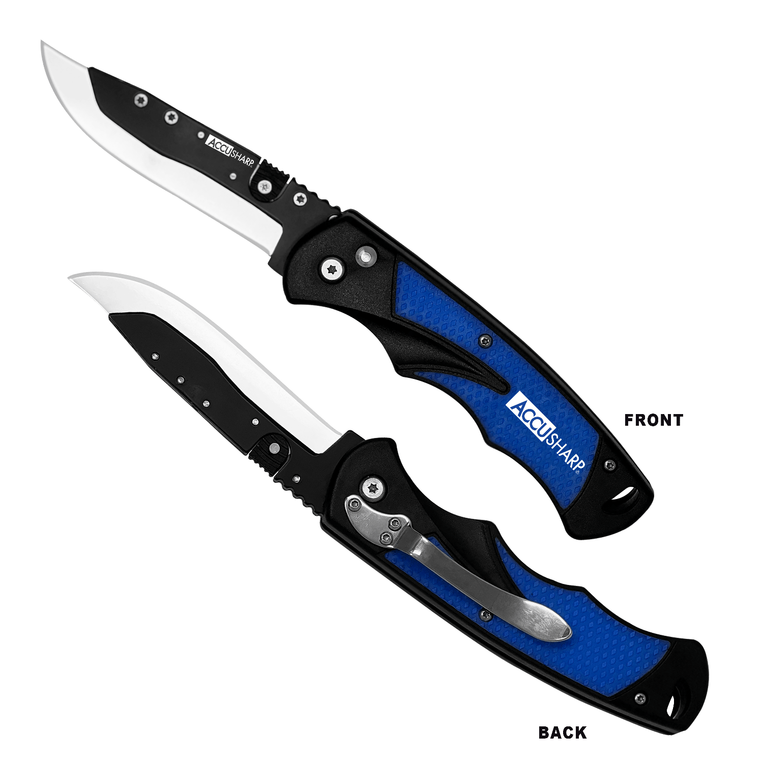 AccuSharp 743C Replaceable Blade Razor  3.50" Folding Plain Stainless Steel Blade/Royal Blue Ergonomic Anti-Slip Anodized Aluminum Handle/Includes 2 Replacement Blades/Belt Clip