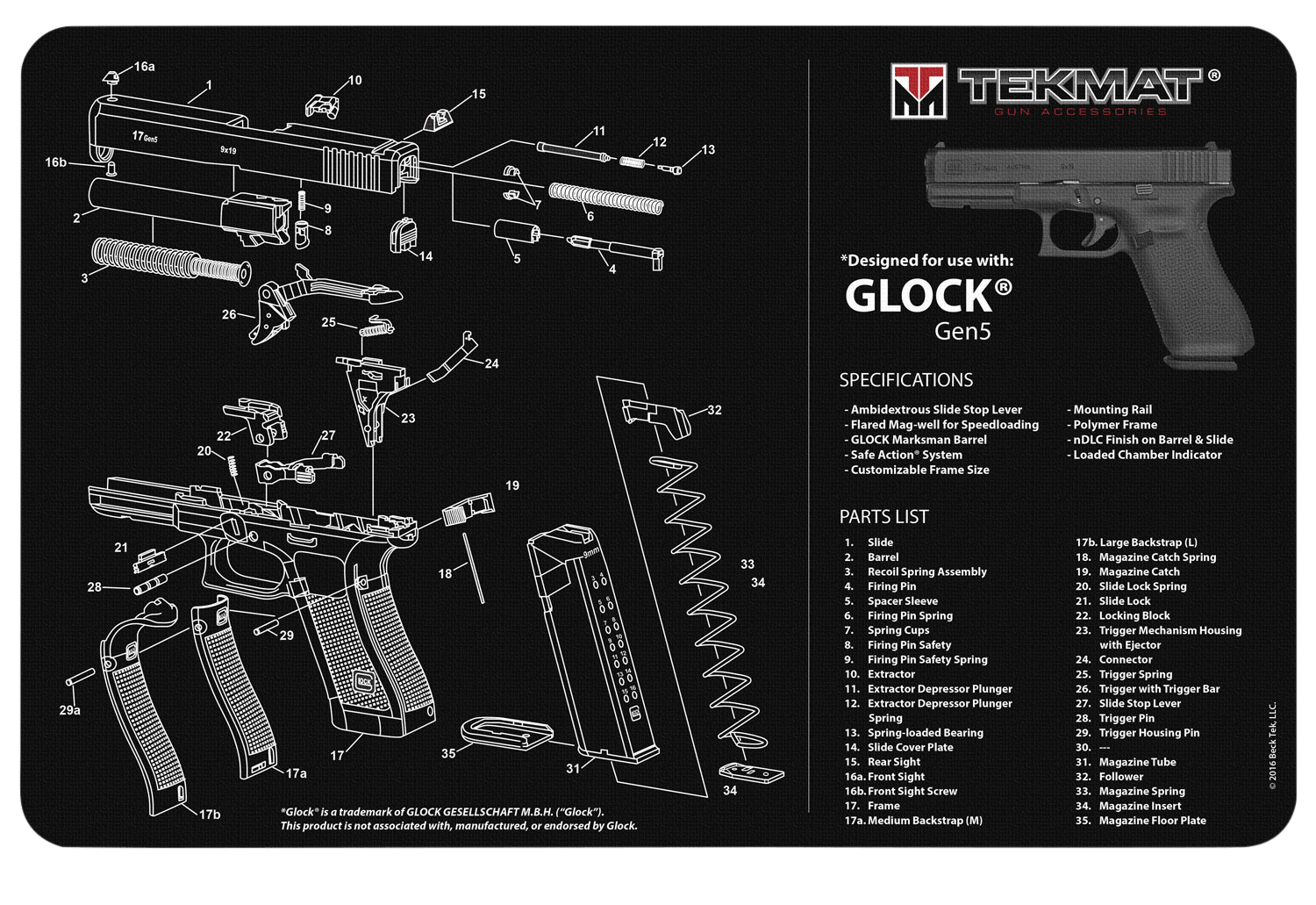 TekMat TEKR17GLOCKG5 Glock Gen5 Cleaning Mat Black/White Rubber 11"x17" Glock Gen5 Parts Diagram