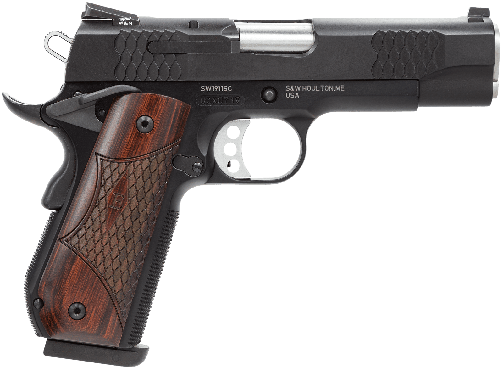 Smith & Wesson 108483 1911 E-Series 45 ACP 7+1/8+1, 4.25" Stainless Steel Barrel, Black Serrated Stainless Steel Slide, Black Aluminum Frame w/Beavertail, Round Butt Laminate Wood Grip
