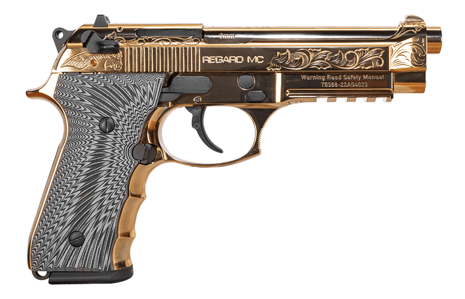 EAA GIRSAN 390088 Regard MC Deluxe 9mm Luger 18+1, 4.90" Stainless Steel Barrel, Gold Plated Serrated w/Engraving Steel Slide & Aluminum Frame w/Picatinny Rail, Black G10 Grip, Ambidextrous