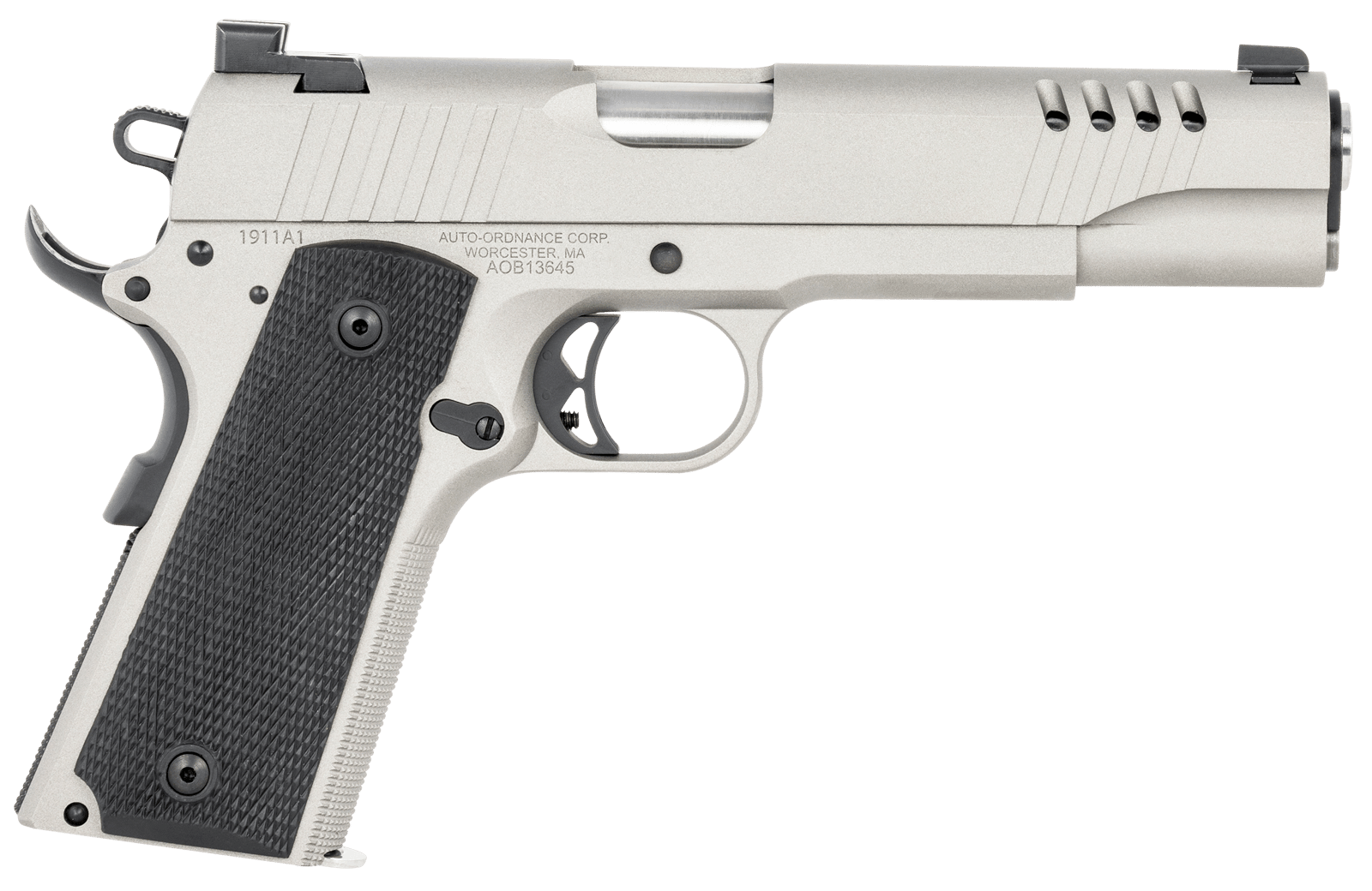 Auto-Ordnance 1911TCAC6 1911 A1  45 ACP 7+1 5" Savage Silver Cerakoate, Serrated/Ported Slide,  Black Rubber Grips, Fixed 3-Dot Combat Day Sights