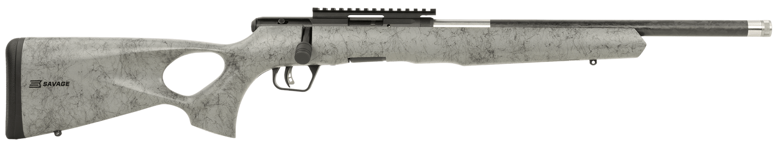 Savage Arms 70218 B Series TimberLite 22 LR 10+1 18" Carbon Fiber Threaded Barrel, Matte Black Picatinny Rail Carbon Steel Receiver, Gray w/Black Webbing Fixed Thumbhole Synthetic Stock