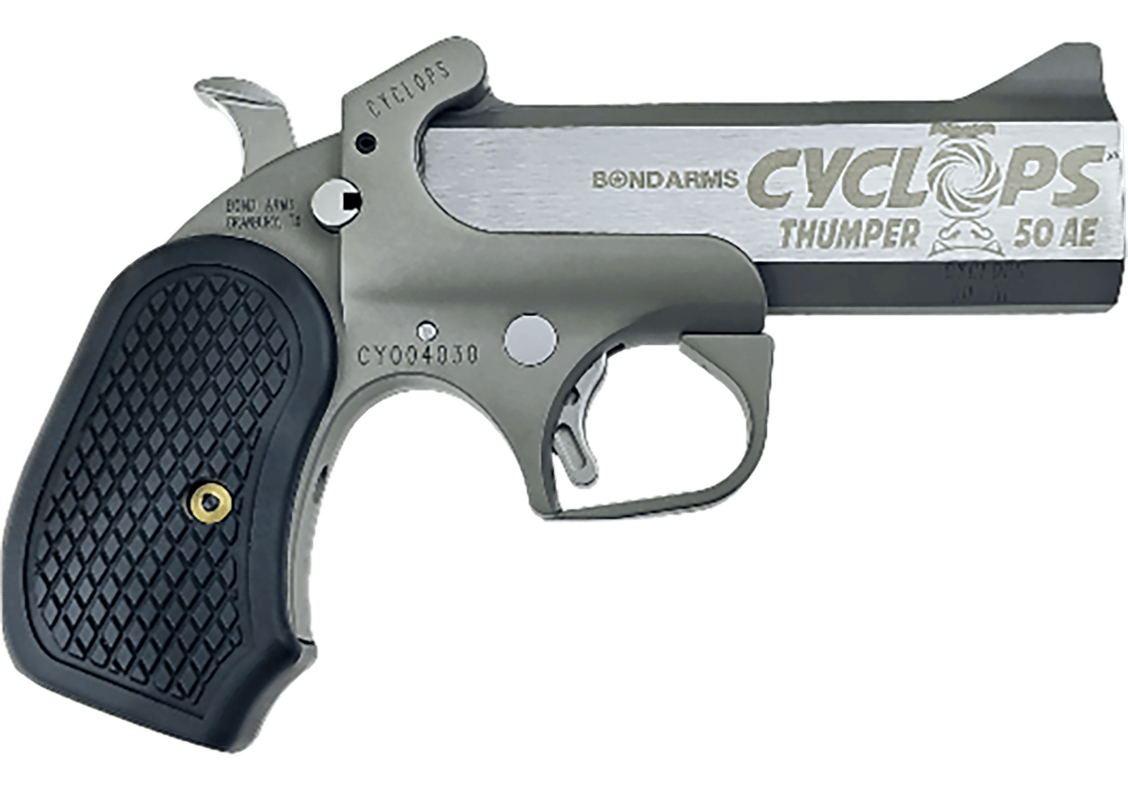 Bond Arms BACY Cyclops Big Bore 50 AE 1 Shot 4.25" Black/SS Stainless Steel Barrel Black Rough & Tumble Stainless Steel Frame Black Extended B6 Resin Grips Right Hand