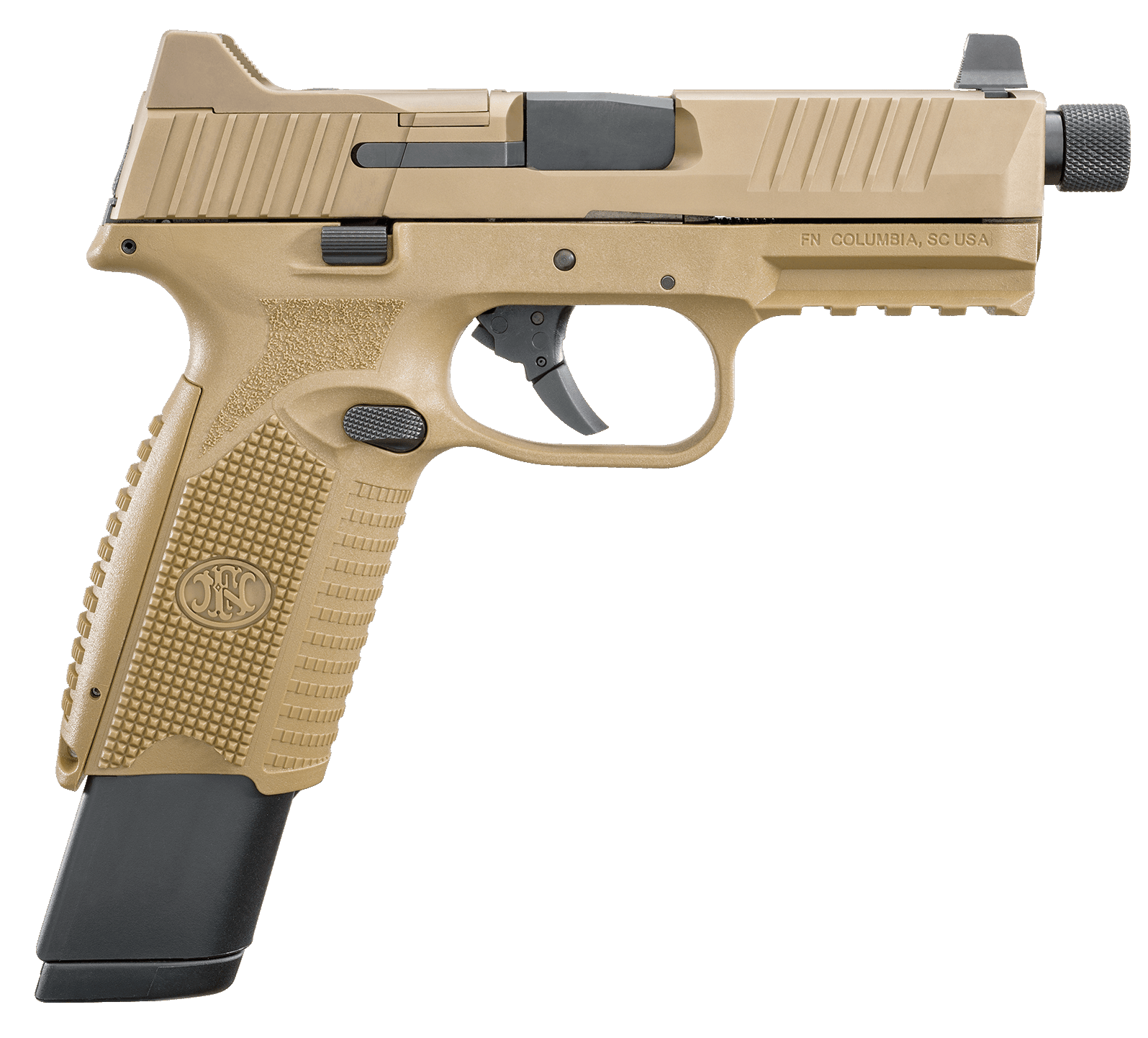 FN 66100373 509T  9mm Luger 17+1/24+1 4.50" Black Steel Threaded Barrel, Flat Dark Earth Optic Cut/Serrated Stainless Steel Slide, Flat Dark Earth Polymer Frame w/Picatinny Rail
