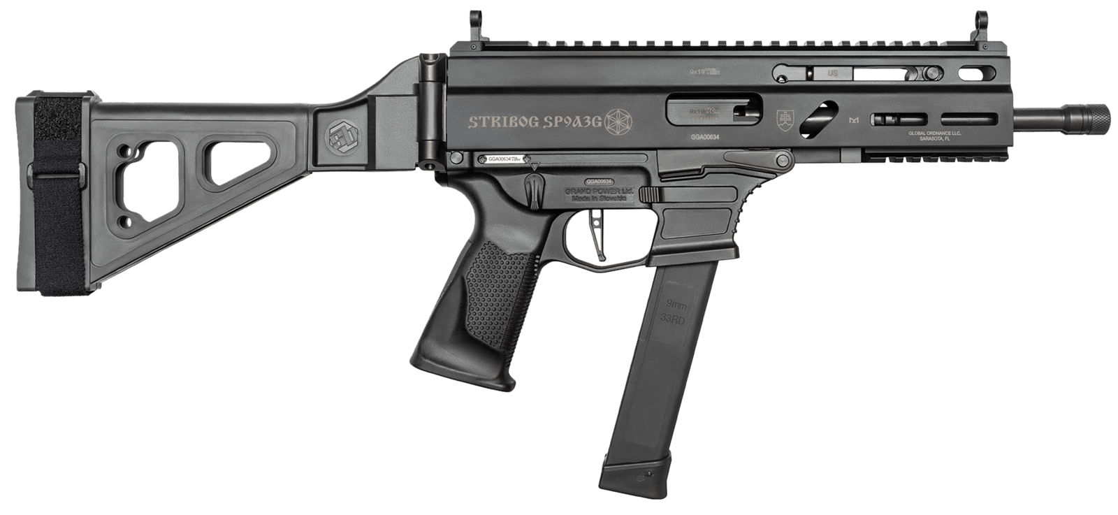 Grand Power 810091152850 Stribog SP9A3G 9mm Luger 8" Black, SB Tactical Brace