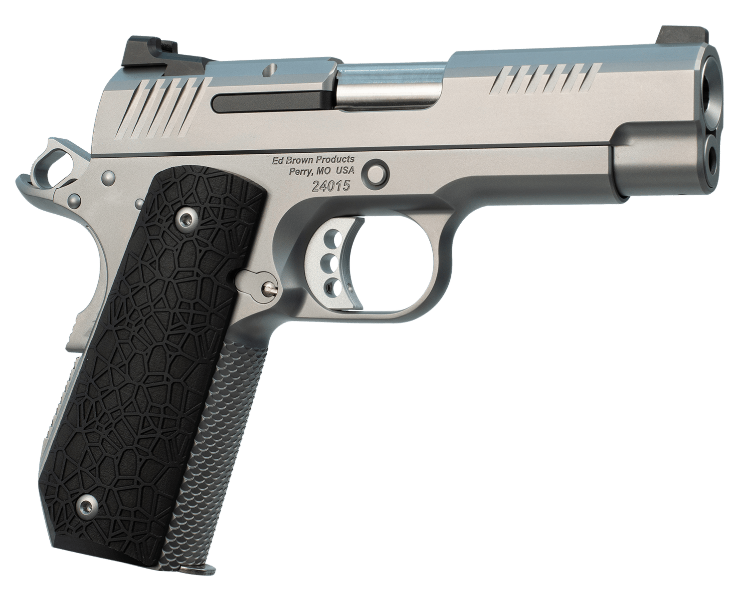 Ed Brown EVOKC9 1911 EVO KC9 9mm Luger 9+1 4" Barrel, Snakeskin Serrated Stainless Steel Bobtail Frame, Serrated Slide w/Recessed Slide Stop, Black G10 Grip