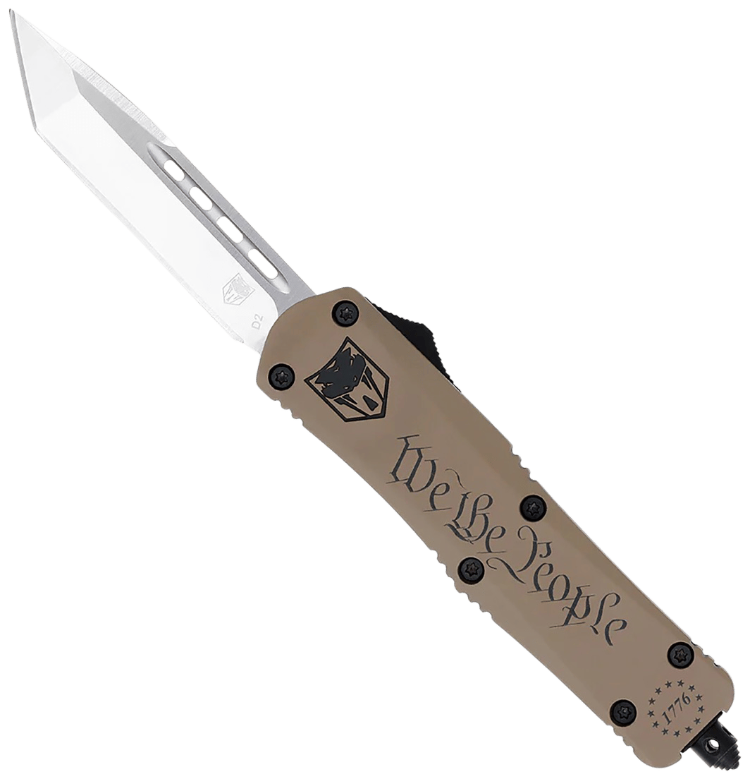 CobraTec Knives SWTPFS3TNS FS-3 We The People Small 2.75" OTF Tanto Plain Aluminum Cerakoted D2 Steel Blade, Tan "We The People" Aluminum Handle