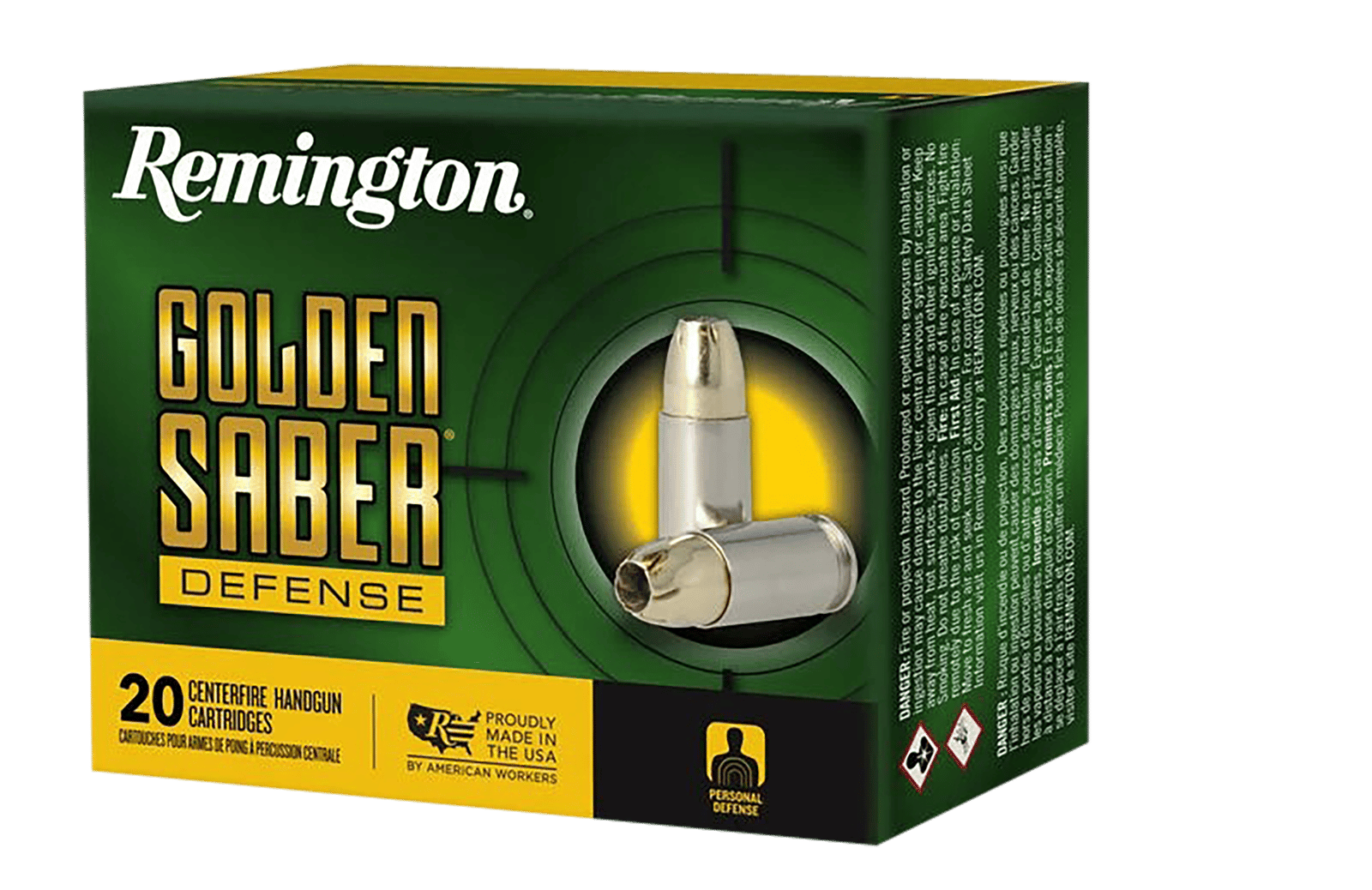Remington Ammunition R21369 Golden Saber Defense 10mmAuto 180gr Brass Jacketed Hollow Point 20 Per Box/25 Case