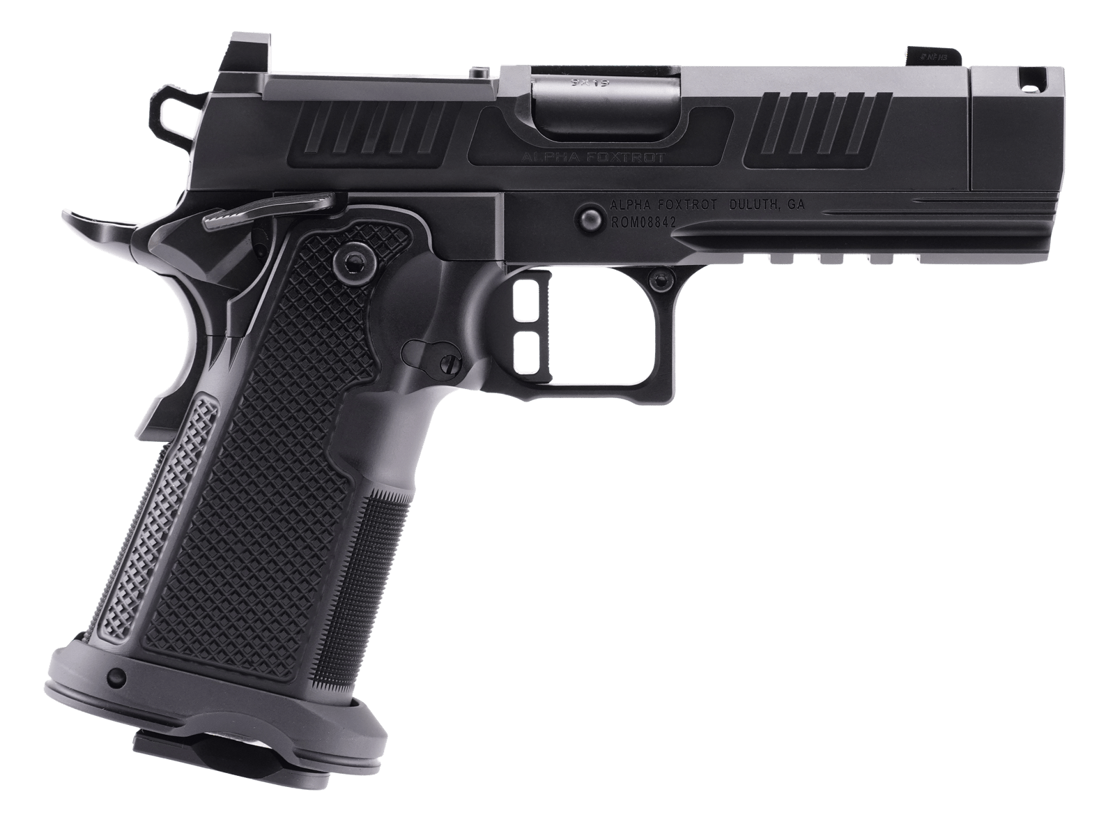 Alpha Foxtrot AA47X1QIG-XDBK19 AF1911 Romulus 9mm Luger 20+1 3.50" Black DLC Stainless Steel Threaded Compensated Barrel, Optic Ready/Serrated Slide & Frame w/Beavertail & Picatinny Rail, Aluminum Gri