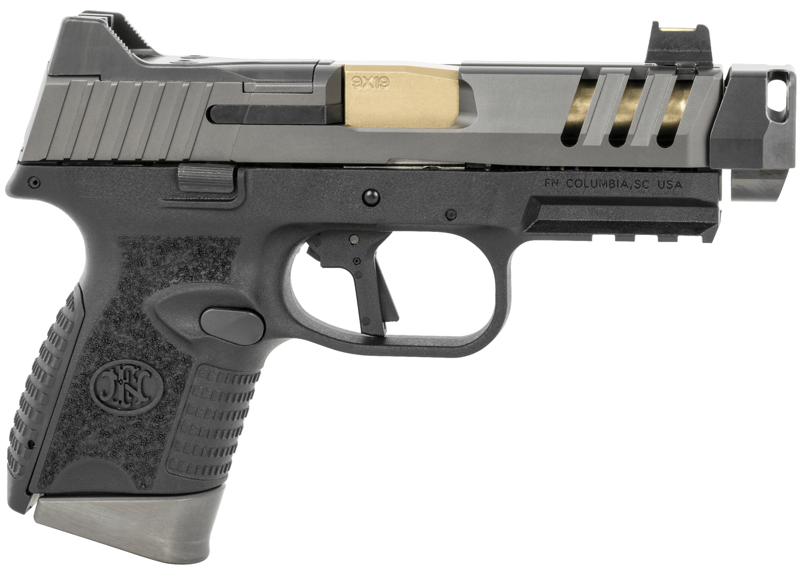FN 66101350 509 CC Edge 9mm Luger 10+1 (3) 4.20" Threaded Gold Barrel, Black Frame, Graphite Optic & Lightening Cut Slide, Optic Height Fiber Optic Sights, Compensator (No Manual)