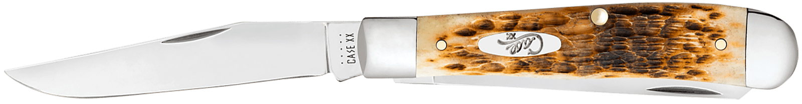 Case 00164 Trapper  Medium 3.25"/3.27" Folding Clip Point/Spey Plain Mirror Polished Tru-Sharp SS Blade Peach Seed Jigged Amber Bone Handle