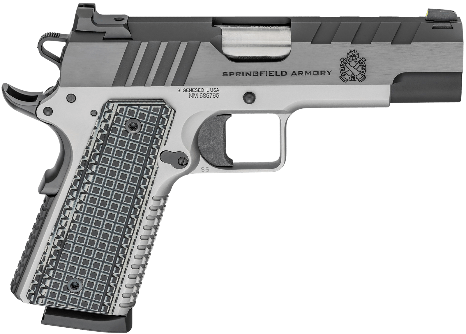 Springfield Armory PX9218L 1911 Emissary 45 ACP 8+1 4.25" Bull Barrel, Stainless Steel Frame w/Beavertail , Tri-Top Cut Blued Carbon Steel Slide, Black VZ Thin-Line G10 Grip