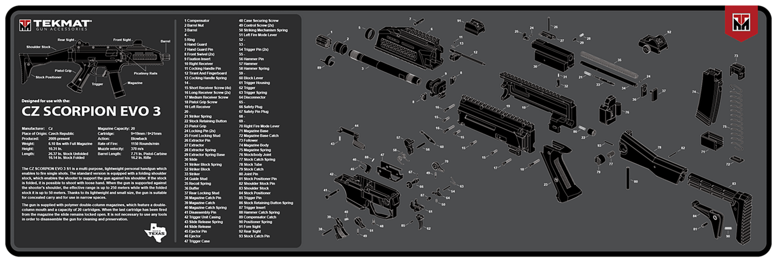 TekMat TEKR36CZSCORPION CZ Scorpion EVO 3 Cleaning Mat Black/Gray Rubber 12"x36" CZ Scorpion EVO 3 Parts Diagram