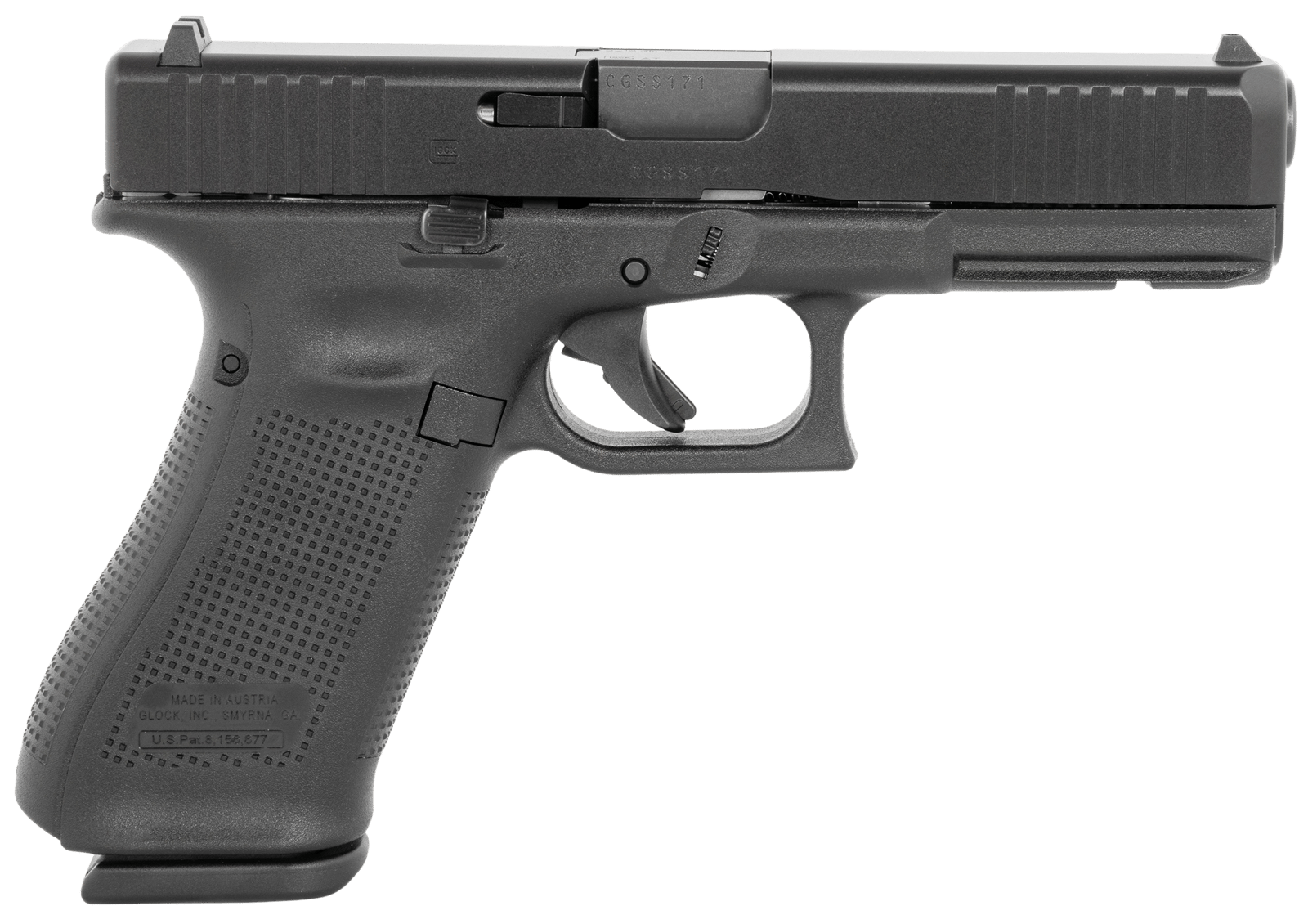 Glock PV1750203 G17 V Standard Frame 9mm Luger 17+1 4.49" Black GMB Barrel, Black nDLC Steel Serrated Slide  Black Polymer Frame w/Accessory Rail, Textured Polymer Grip,  Ambidextrous