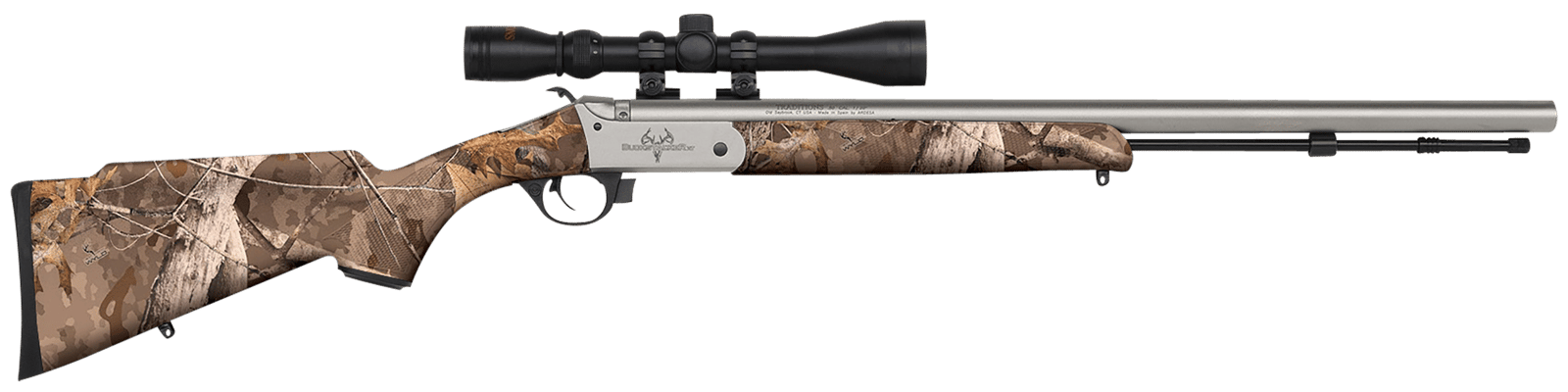 Traditions R5721108432 Buckstalker XT 50 Cal 209 Primer 24", Stainless Cerakote Barrel/Rec, Next Wyld Camo Synthetic Stock, 3-9x40mm Scope
