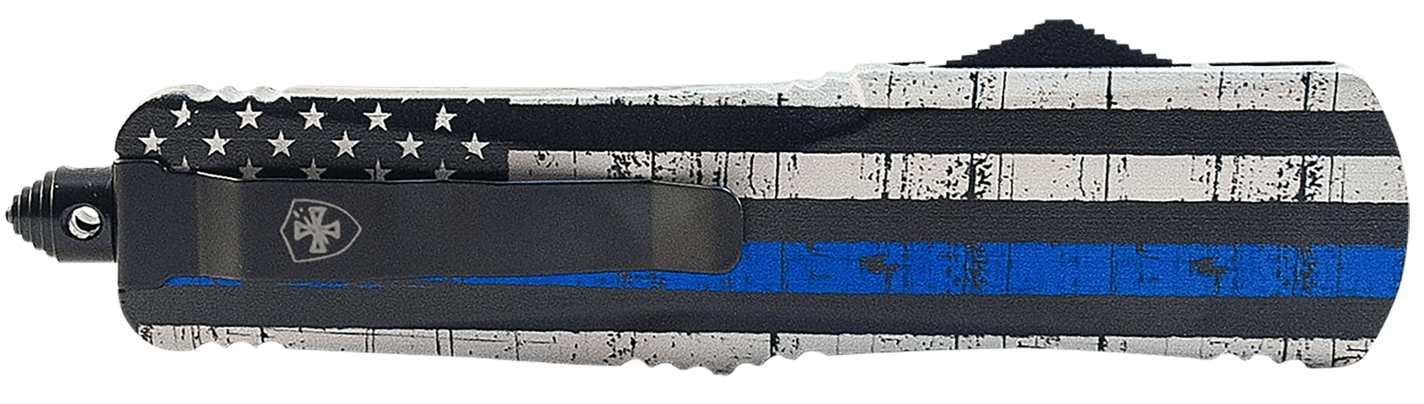 Templar Knife LBTB131 Gen II Back The Blue Large 3.50" OTF Dagger Plain Black Oxide Stonewashed 440C SS Blade, 5.25" Black & White w/Blue Line Aluminum Handle, Glass Breaker