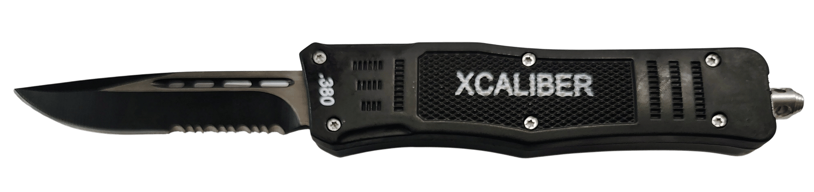 Xcaliber Knife Company  380 ACP  Medium 3.25" OTF Part Serrated Black 440C SS Blade, 4.64" Steel Handle