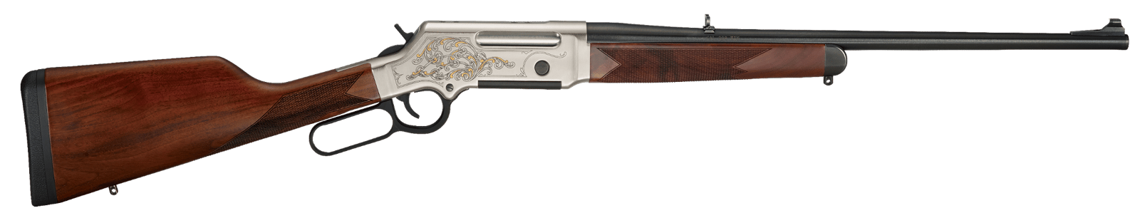 Henry H014D243 Long Ranger Deluxe Full Size 243 Win 4+1 20" Blued Steel Barrel, Engraved Nickel-Plated w/24K Gold Inlay Steel Receiver, American Walnut Stock Right Hand