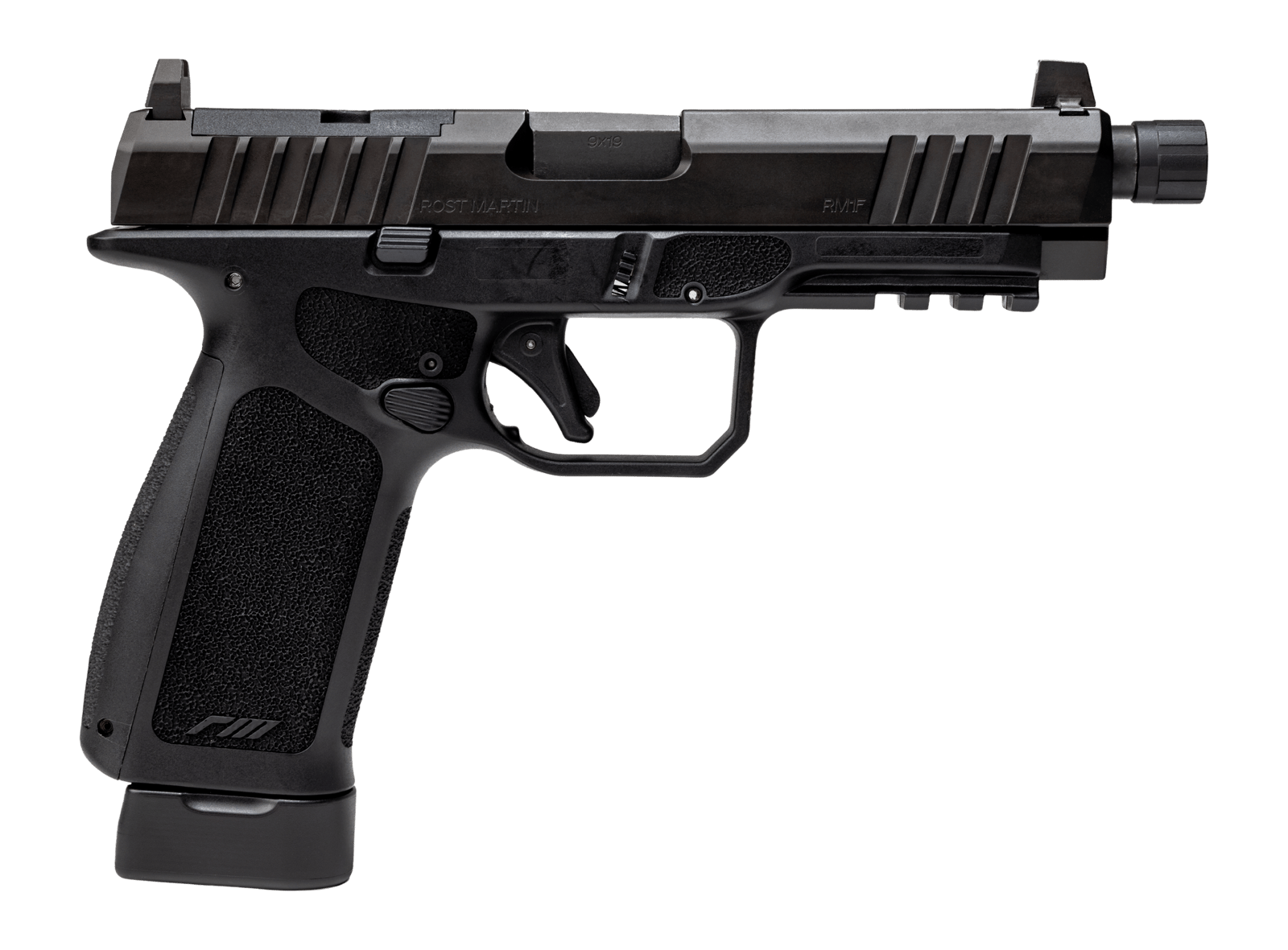 Rost Martin RM1FBLKOSPT RM1F Tactical 9mm Luger 24+1 4.50" Black Threaded Barrel, Black Nitron Steel Optic Ready/Serrated Slide, Black Polymer Frame w/Picatinny Rail, Interchangeable Backstrap Grip, R