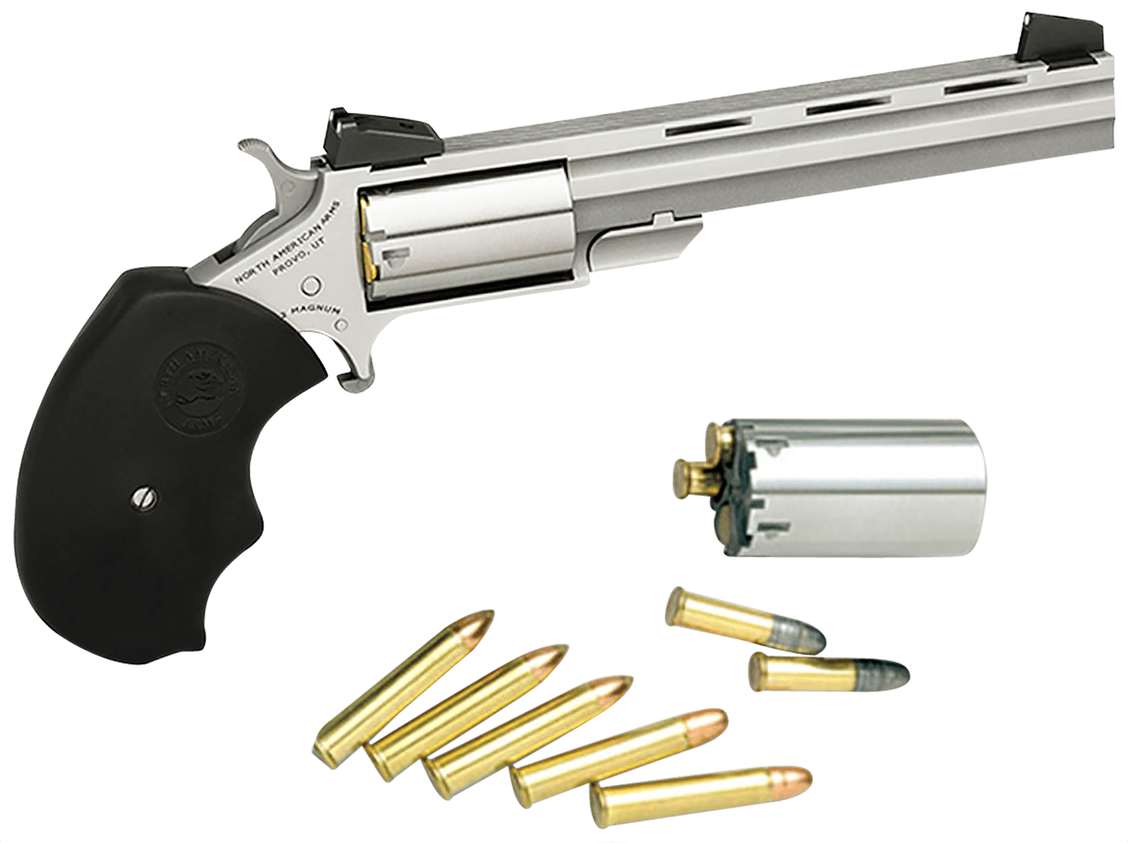 North American Arms MMTC Mini-Master *CA Compliant 22 LR/22 WMR 5 Shot 4" Stainless Steel Vent Rib Barrel, Stainless Steel Frame, Stainless Cylinder, Black Finger Grooved Rubber Grip, Exposed Hammer