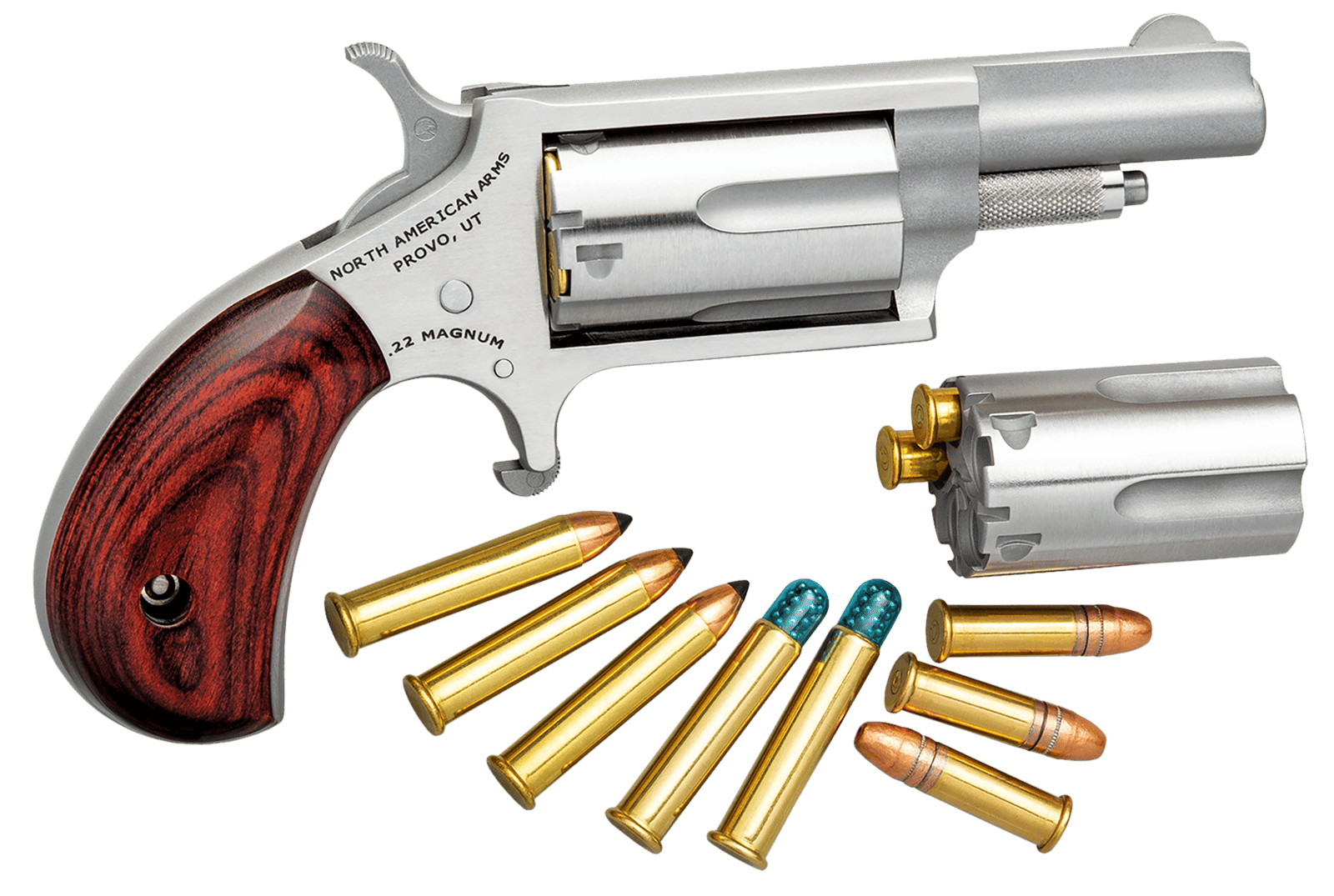 North American Arms 22MC Mini-Revolver  22 LR/22 WMR 5 Shot 1.63" Stainless Steel Barrel, Frame & Cylinder, Rosewood Grip, Exposed Hammer