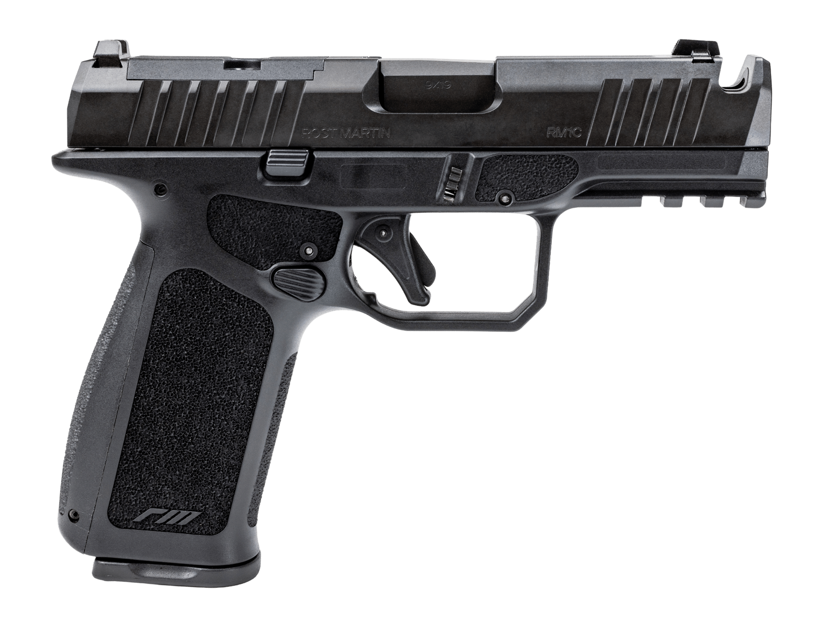 Rost Martin RM1XBCH RM1X Comp Compact 9mm Luger 19+1 4" Black Compensated Match Grade Barrel, Black Tenifer Steel Optic Ready/Serrated Slide, Black Polymer Frame w/Picatinny Rail, Interchangeable Back
