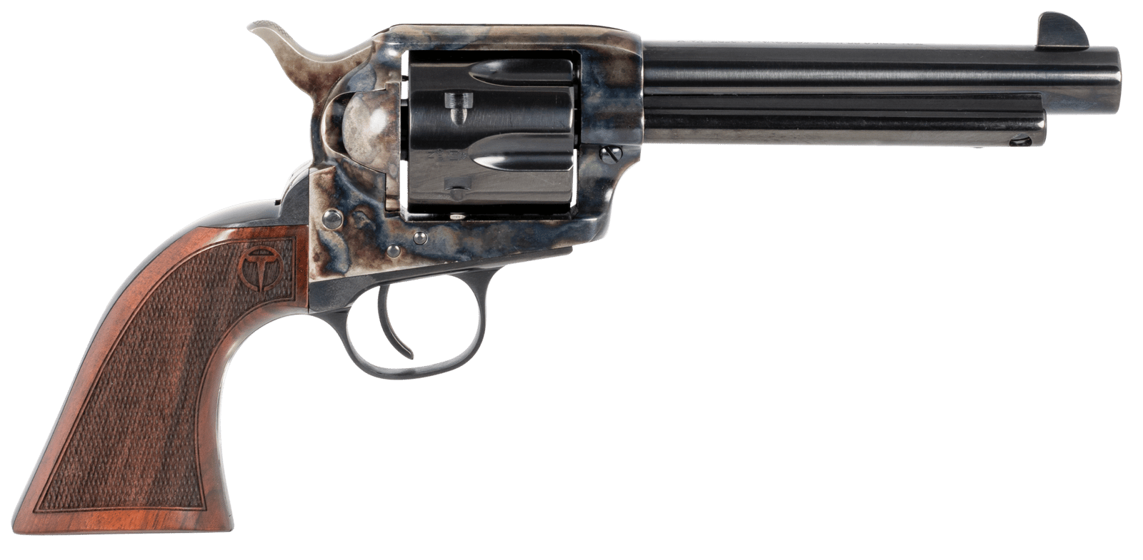 Taylors & Company 550813 Smoke Wagon  45 Colt (LC) Caliber with 5.50" Blued Finish Barrel, 6rd Capacity Blued Finish Cylinder, Color Case Hardened Finish Steel Frame & Checkered Walnut Grip