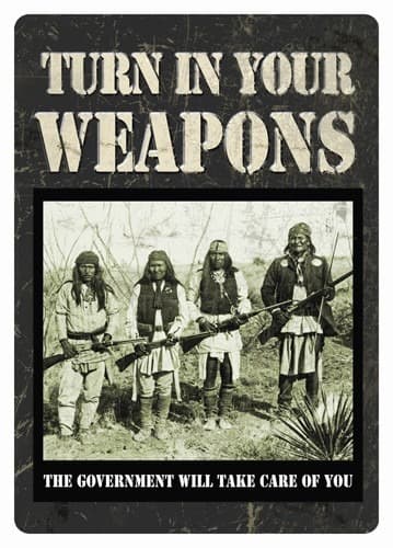 RIVERS EDGE TIN SIGN 12"X17" "TURN IN YOUR WEAPONS"