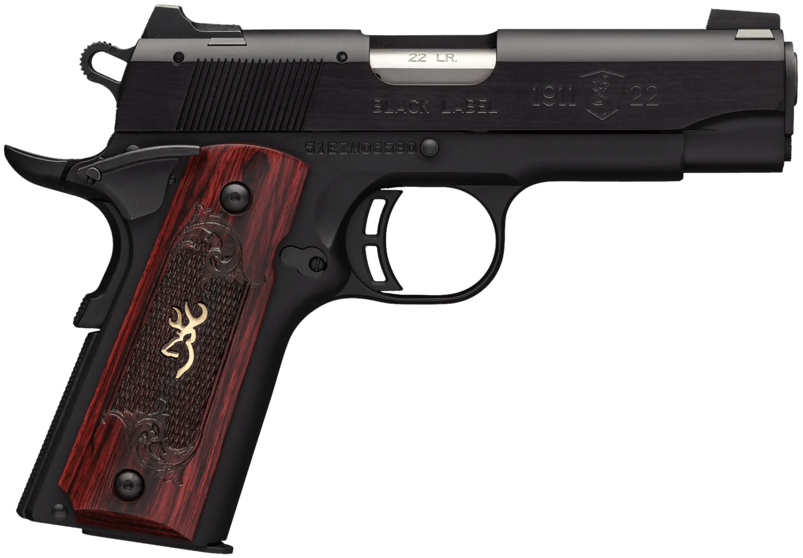 Browning 051852490 1911 Black Label Medallion Compact 22 LR 10+1, 3.63" Target Crown Barrel, Matte Black Serrated Slide & Aluminum Frame w/Beavertail