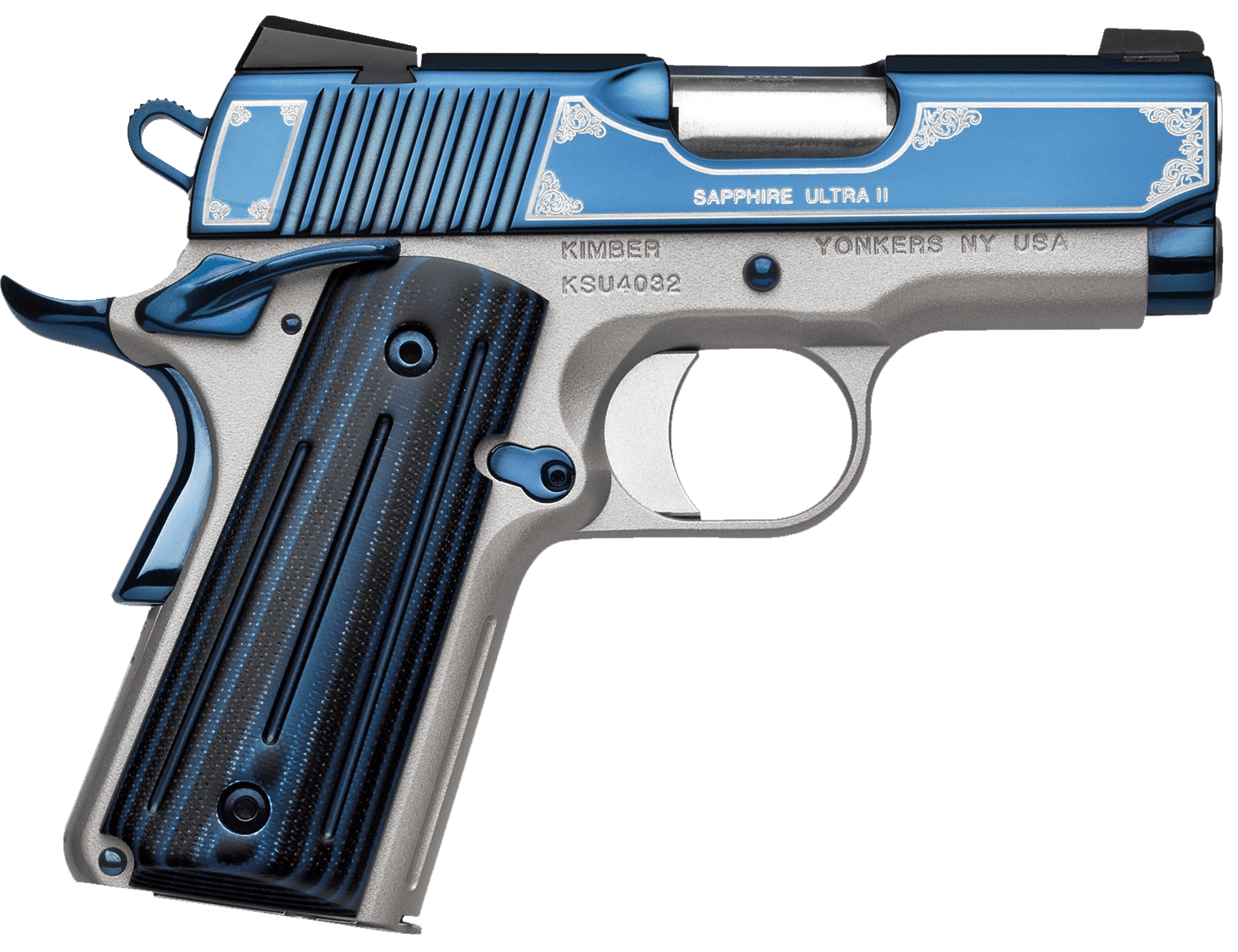 Kimber Mfg, Inc 3200273 Ultra II  9mm Luger 8+1 3" Stainless Match Grade Barrel, Engraved Sapphire Blue PVD Serrated Stainless Steel Slide, Satin Silver Aluminum Frame w/Beavertail, G10 Grip