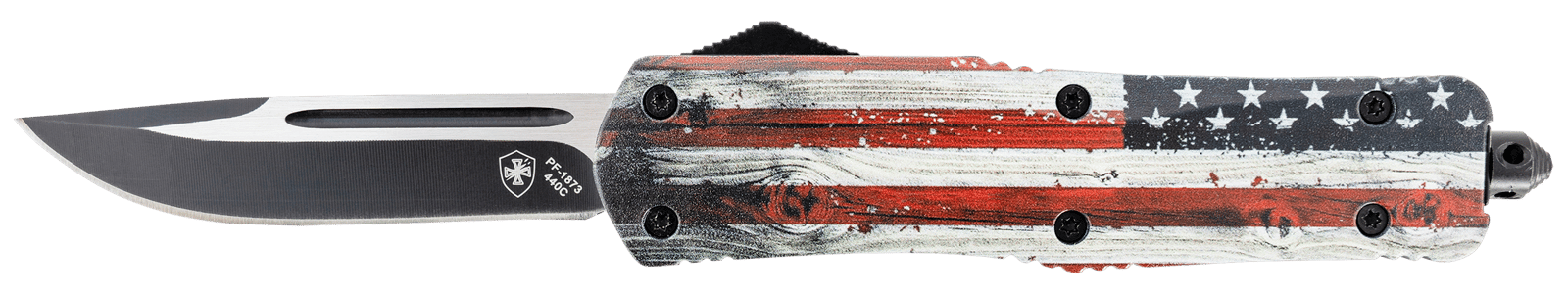 Templar Knife LWUS331 Gen II Wood US Flag Large 3.50" OTF Drop Point Plain Black Oxide Stonewashed 440C SS Blade, 5.25" Painted Wood Grain US Flag Aluminum Handle, Glass Breaker