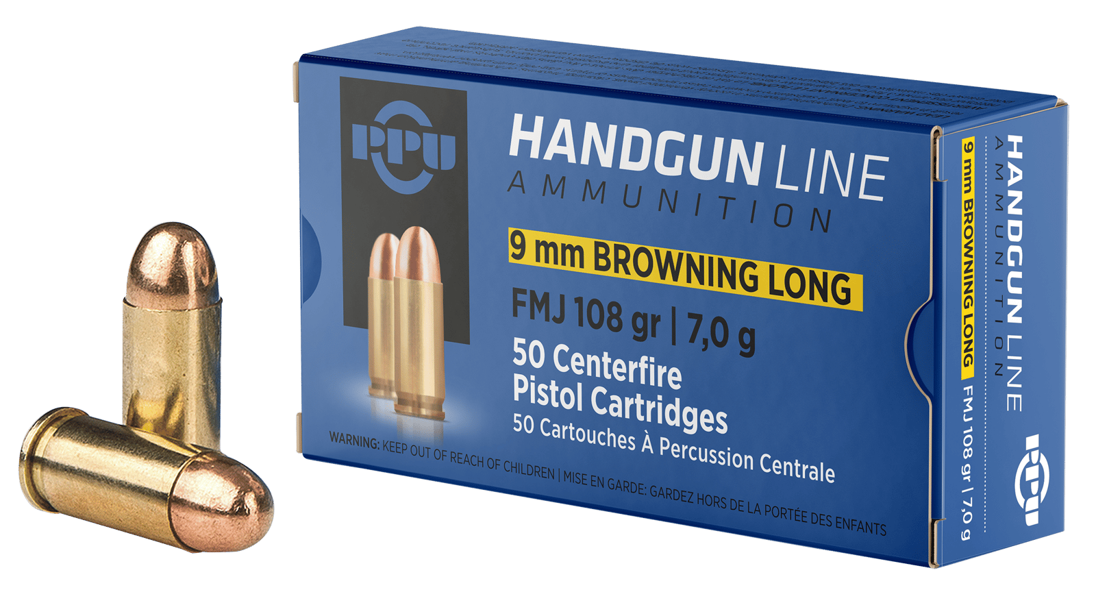 PPU PPH9BL9mm Browning Long 108gr Full Metal Jacket 50 Per Box/20 Case
