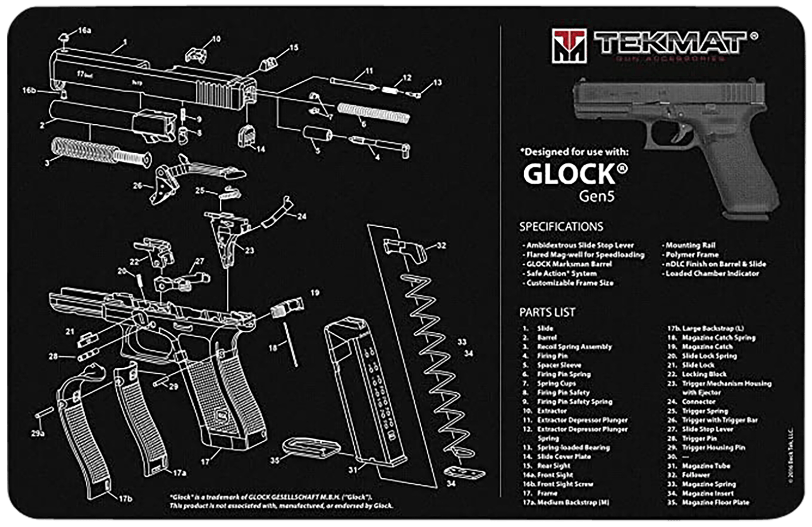 TekMat TEKR20GLOCK-G5 Glock Gen 5 Ultra 20 Cleaning Mat Multi-Color Rubber 15"x20" Glock Gen5 Parts Diagram