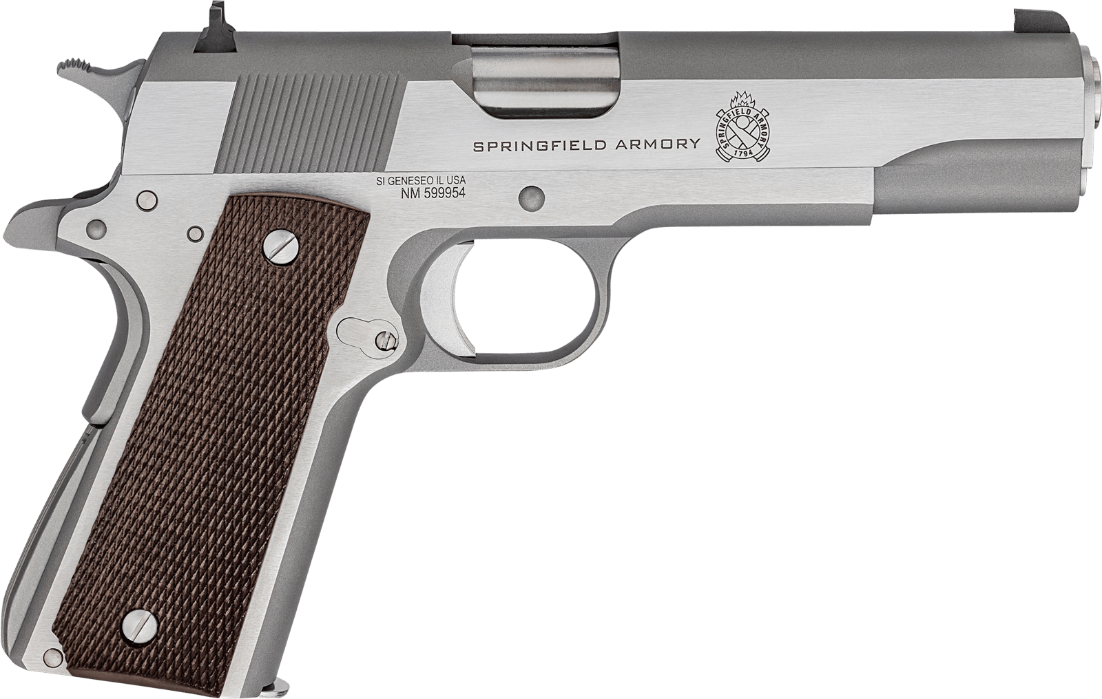 Springfield Armory PBD9151L 1911 Mil-Spec Defend Your Legacy 45 ACP 7+1, 5" Stainless Steel Match Grade Barrel, Stainless Serrated Slide, Stainless Steel Frame w/Beavertail, Checkered Wood Grip