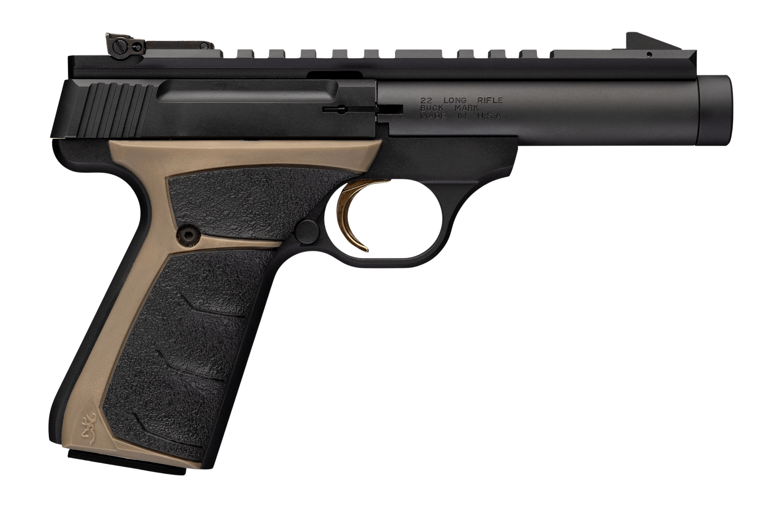 Browning 051614490 Buck Mark Field Target 22 LR 10+1 4.40" Matte Black Bull Threaded Barrel, Picatinny Rail Receiver, Matte Black FDE w/Black Overmold Grip