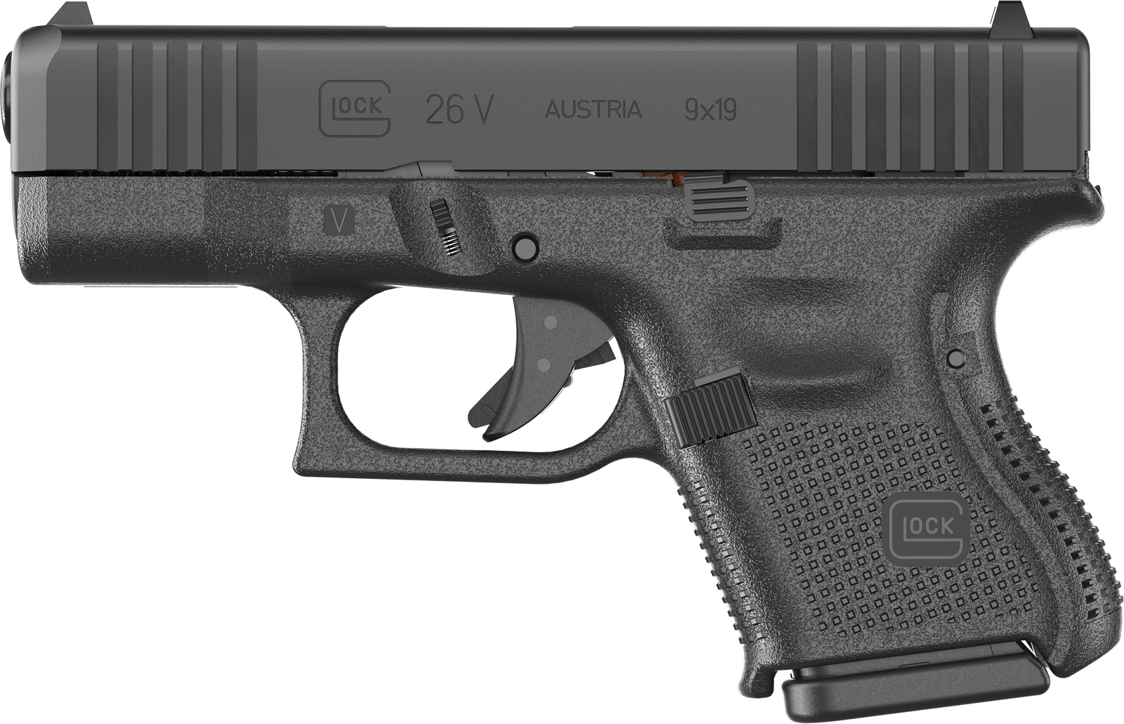 Glock UV2650201 G26 V Sub-Compact Frame 9mm Luger 10+1 3.43" Black GMB Barrel, Black Steel Serrated Slide, Black Polymer Frame, Textured Polymer Grip, Ambidextrous