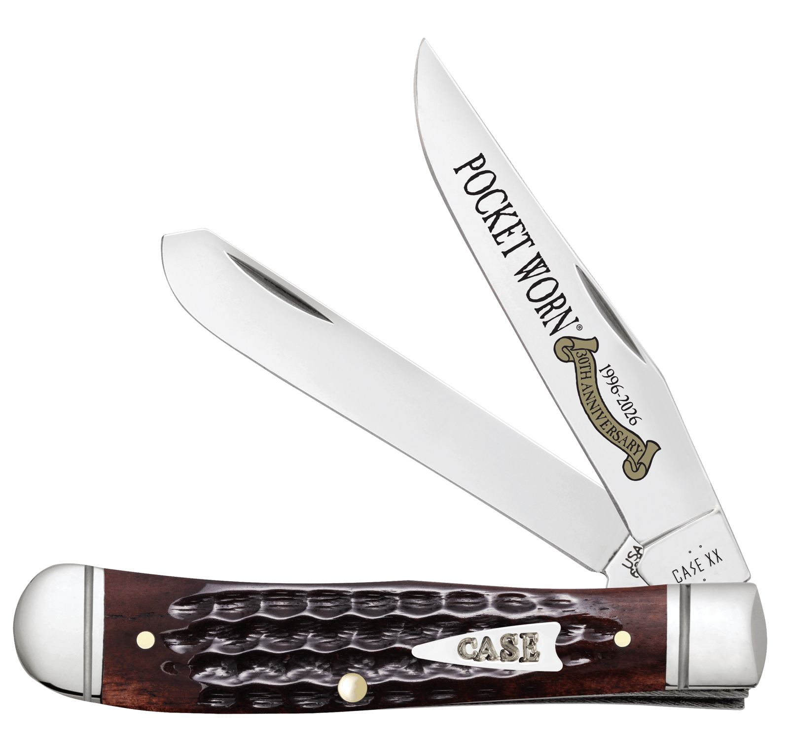 Case 55231 Pocket Worn Trapper Mini Folding 2.75" Clip Point & Spey Plain Mirror Polished Tru-Sharp SS Blades, Corn Cob Jigged Mahogany Bone Handle