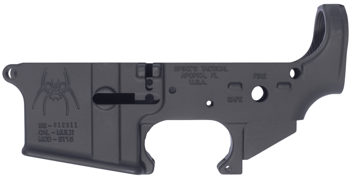 Spikes STLS018 Spider Stripped Lower Receiver with Fire & Safe Markings Multi-Caliber 7075-T6 Aluminum Black Anodized for AR-15