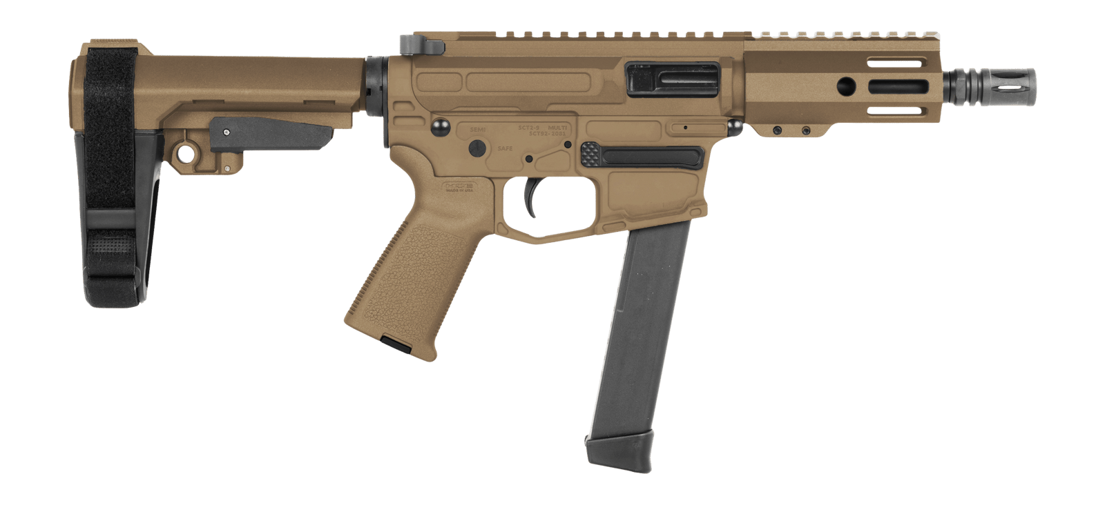 Shark Coast Tactical SCC06773SP9NTAN Sneeky Pete 9mm Luger 30+1 5.50" Black Melonite Threaded Barrel, Tan Cerakote Receiver, SB Tactical SBA3 Brace