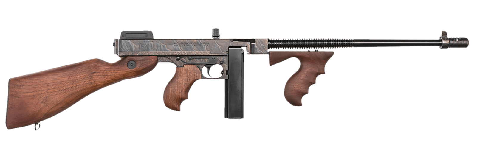 Thompson T1CH 1927A-1 Deluxe 45 ACP Caliber with 18" Barrel, 20+1 Capacity (Stick), Color Case Hardened Metal Finish, American Walnut Stock Wood Grip Right Hand