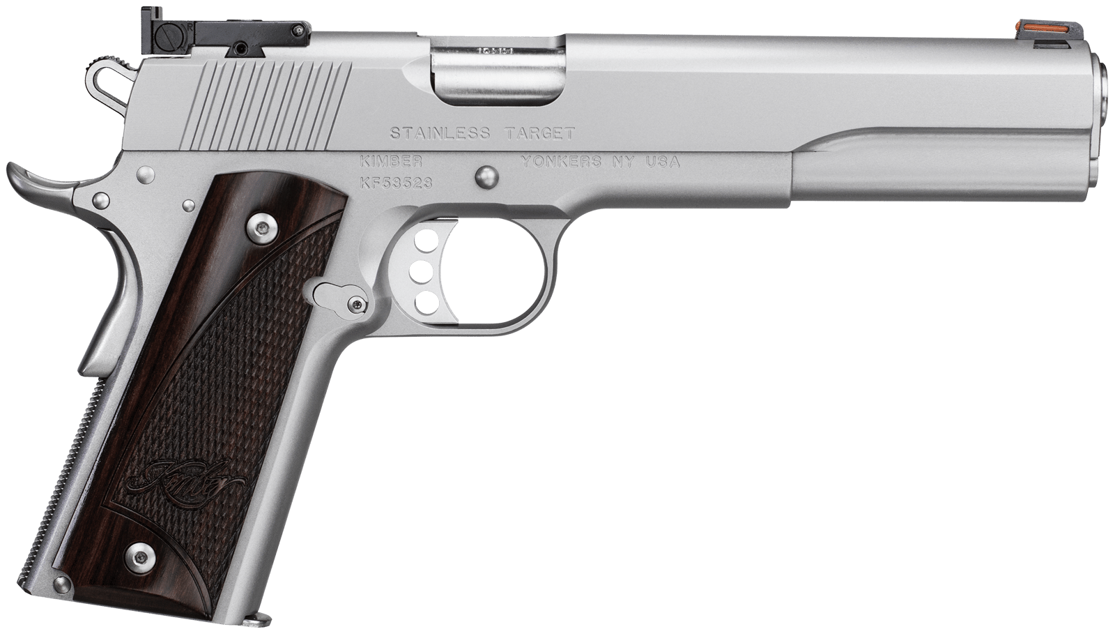 Kimber Mfg, Inc 3000373 Target Long Slide 45 ACP 7+1 6" Stainless Match Grade Barrel, Satin Silver Long/Serrated Stainless Steel Slide, Satin Silver Stainless Steel Frame w/Beavertail, Rosewood Grip