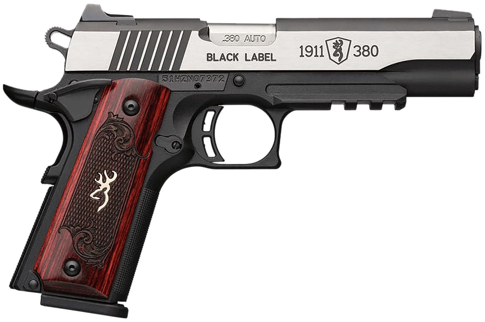 Browning 051971492 1911 Black Label Medallion Pro 380 ACP 8+1 4.25" Target Crown Barrel, Blackened w/Silver Polished Flats Serrated SS Slide, Matte Black Polymer Frame w/Beavertail & Picatinny Rail
